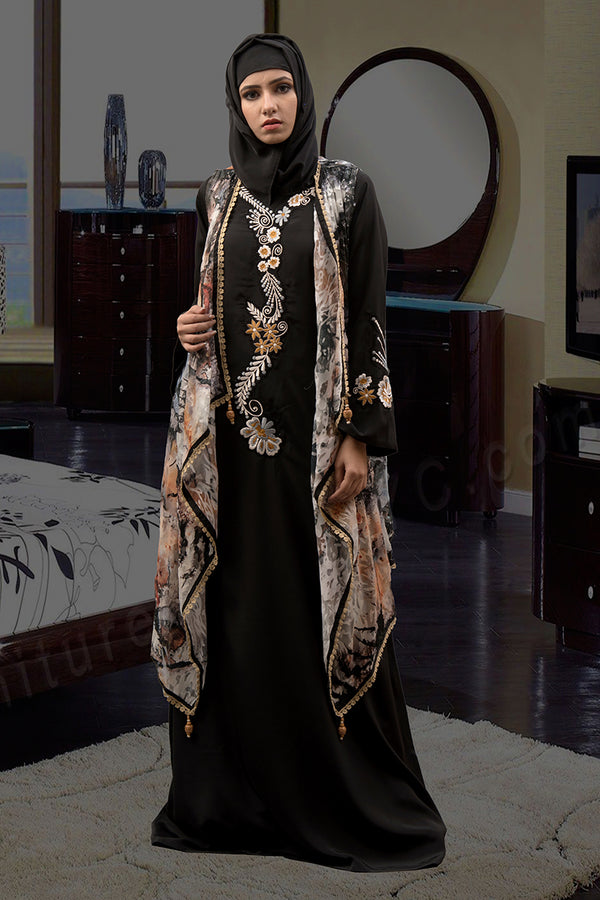 Black and multicoloured Long sleeve modest Abaya