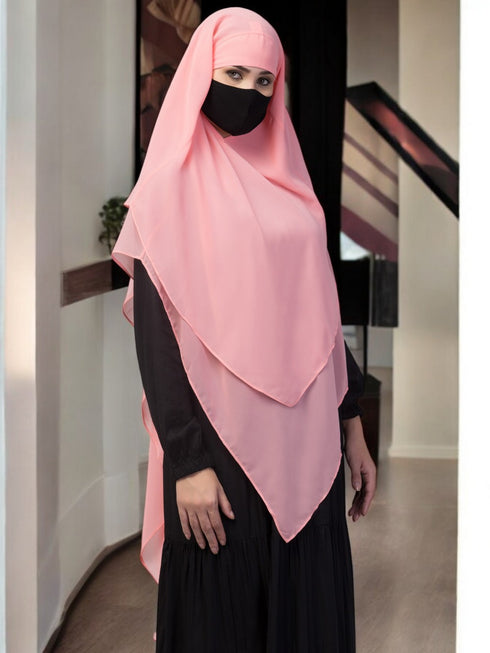 Pink multi layered triangular instant hijabkhimar in georgette
