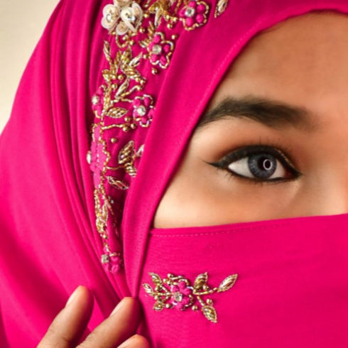 wrap my hijab rani pink embroidered georgette chiffon
