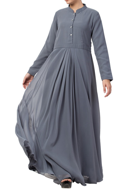 Grey modest abaya dress in fine georgette fabric with full lining and buttons on yoke