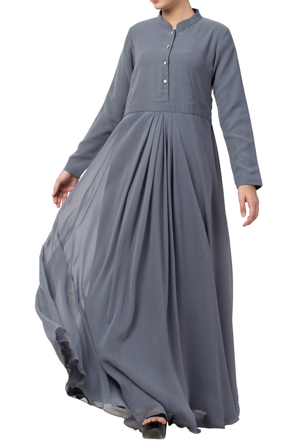 Grey modest abaya dress in fine georgette fabric with full lining and buttons on yoke