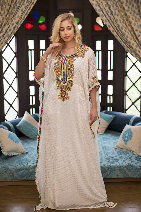 Off white partywear kaftan with multi handwork