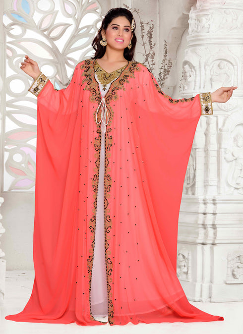 Peach embroidered georgette islamic kaftan