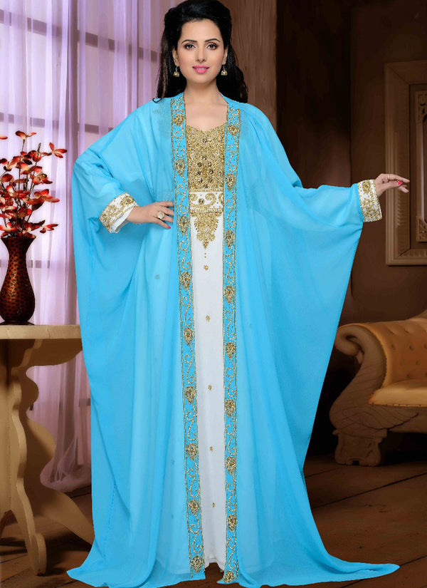 Turquoise embroidered georgette islamic kaftan