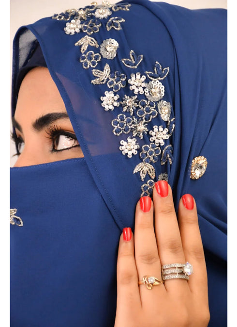 Blue luxury bridal wedding wear hijab scarf with handwork naqab