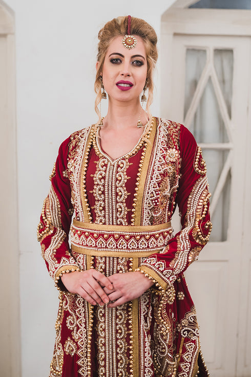 Maroon long sleeve arabic wedding kaftan