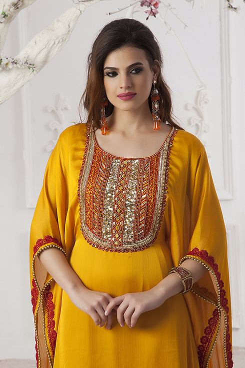 Hand beaded party wear golden yellow kaftan dress