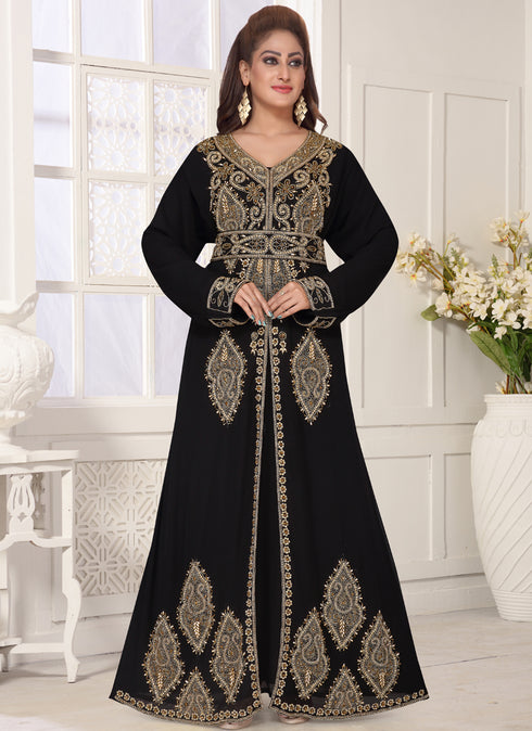 Black embroidered georgette islamic-kaftans with hijab