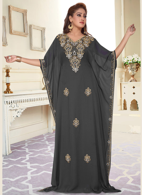 Grey embroidered georgette islamic-kaftans With Sun-proof hijab.