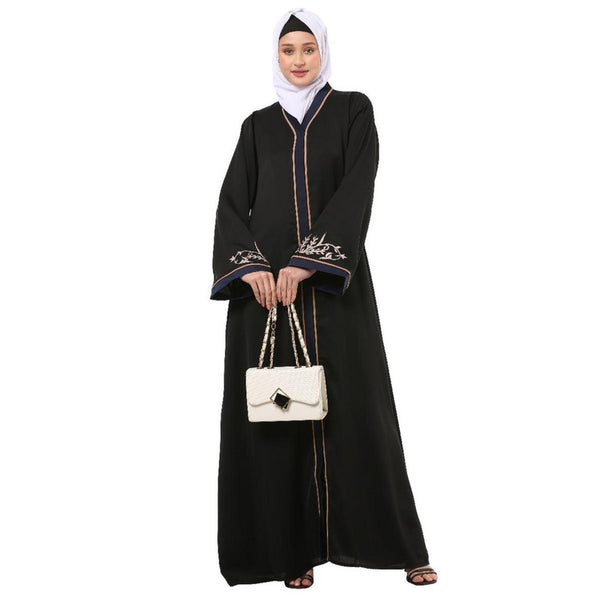 Black front open embroidery abaya in dubai nida