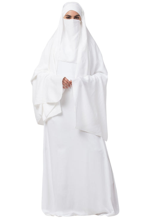 White two pieces set of white a line abaya and irani chadar in rayon fabric