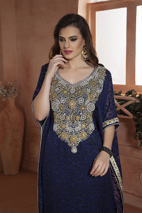 Dark blue net brasso handmade arabian design kaftan