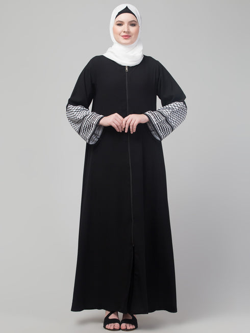 Elegant Black Front Zip Abaya with Patterned Bell Sleeves