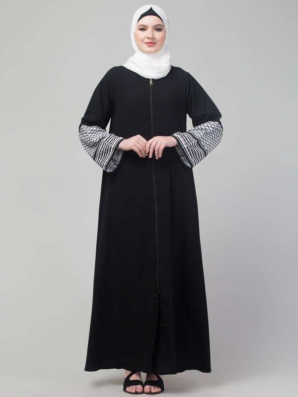 Elegant Black Front Zip Abaya with Patterned Bell Sleeves
