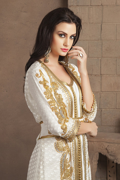Gleaming off white party wear handmade moroccan style kaftan