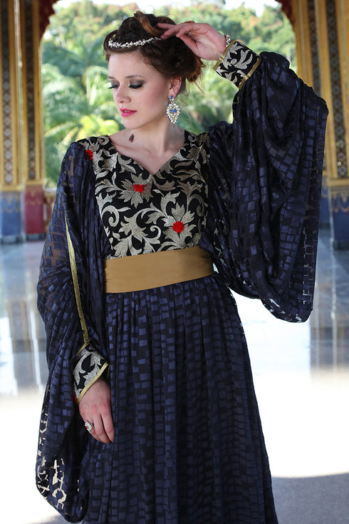 Embroidery work kaftan gray and black net brasso arabic style