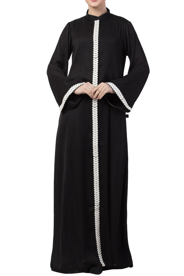 Black front open abaya dress with lace work