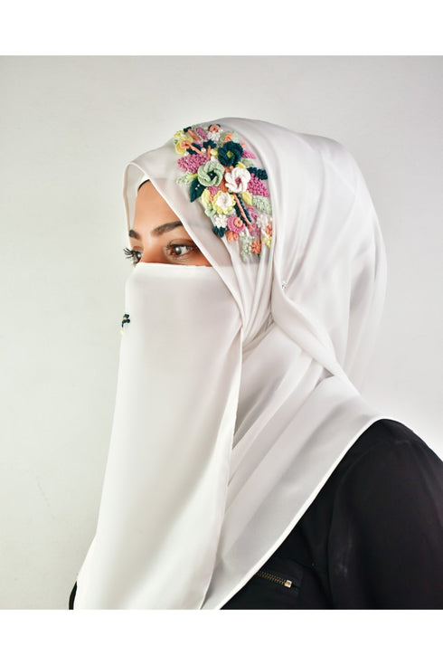 white threadwork partywear| wedding| bridal handwork hijab with naqab