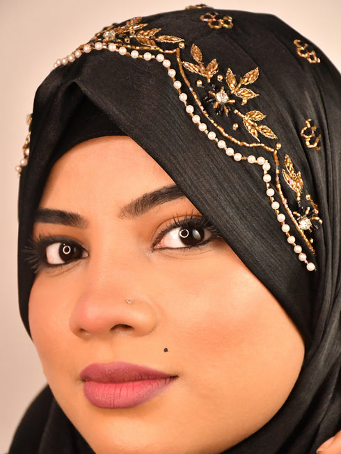 Black luxury bridal wedding wear hijab scarf with handwork