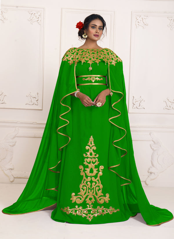Parrotgreen and gold embroidery israeli dress islamic design kaftan takchita wedding party wear kaftan