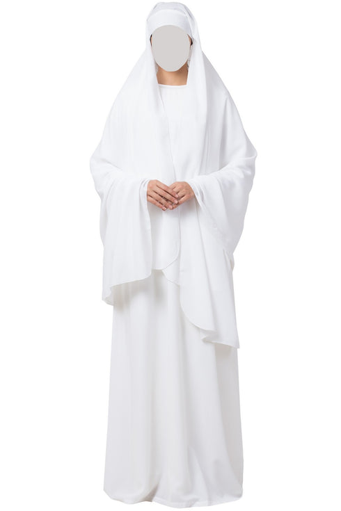 White two pieces set of white a line abaya and irani chadar in firdaus fabric