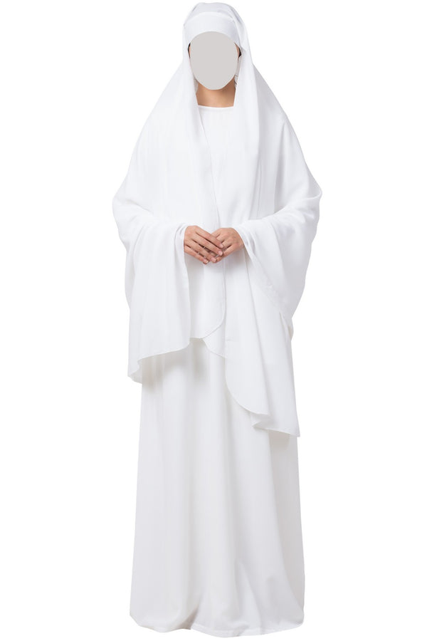 White two pieces set of white a line abaya and irani chadar in firdaus fabric