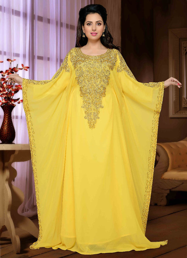 Yellow embroidered georgette islamic kaftan