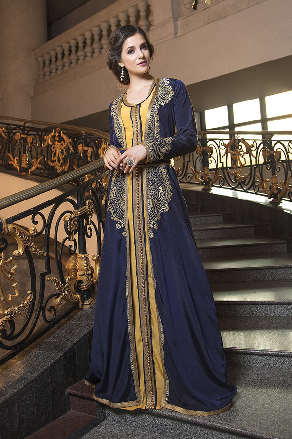 Dark blue thread work style fabric dubai party wear designer kaftan