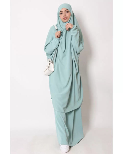 Sky blue two piece jilbab set in firdaus with flared skirt and full size khimar