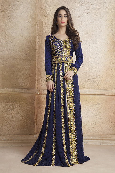 Gleaming blue party wear full sleeve black beading around the neck long sleeve kaftan