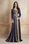 Gleaming blue party wear full sleeve black beading around the neck long sleeve kaftan