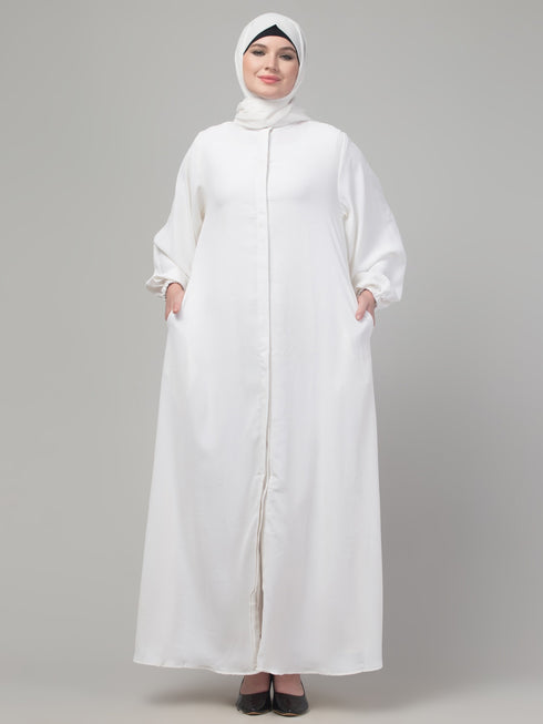 White plain abaya with placket elastic sleeve and hijab