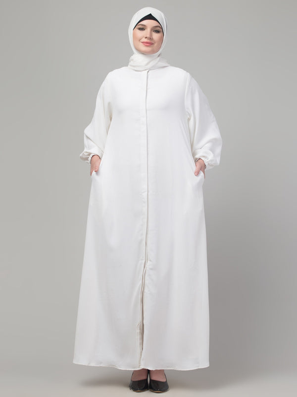 White plain abaya with placket elastic sleeve and hijab