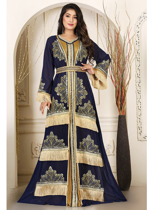 Dark blue israeli designer moroccan kaftan islamic embroidery party wear wedding kaftan