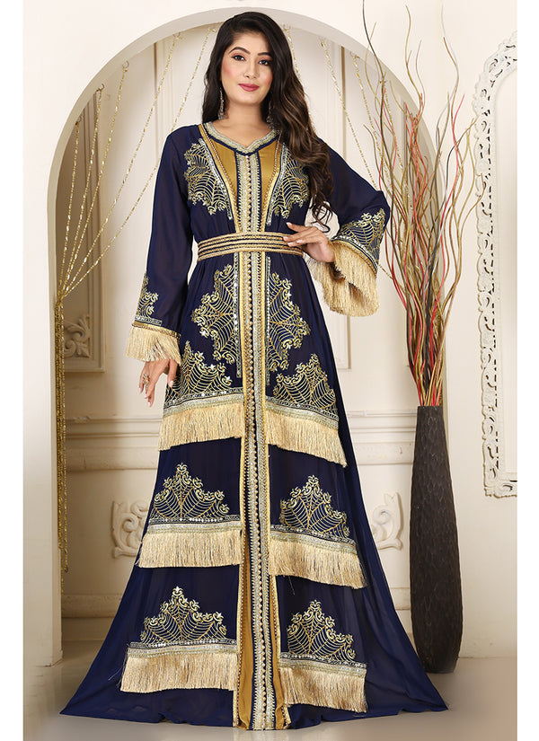 Dark blue israeli designer moroccan kaftan islamic embroidery party wear wedding kaftan