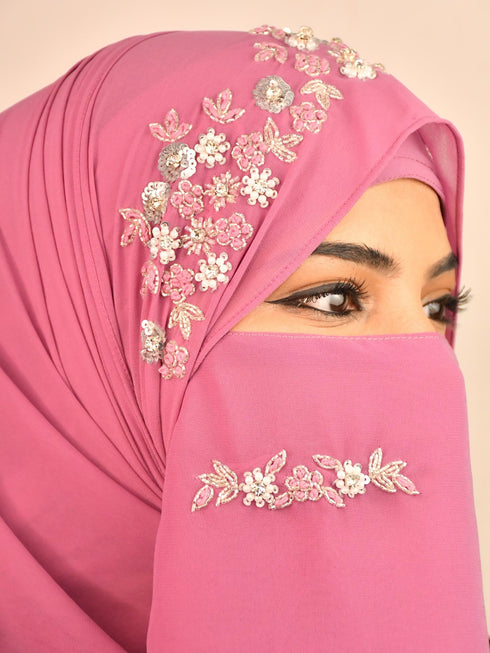 Purple luxury bridal wedding wear hijab scarf with handwork naqab