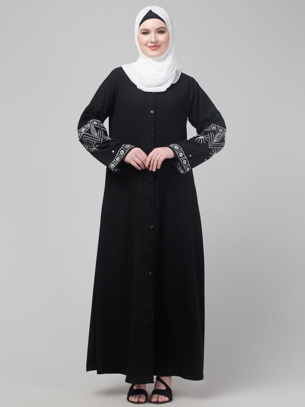 Black matt nida abaya with thread embroidery sleeve and hijab