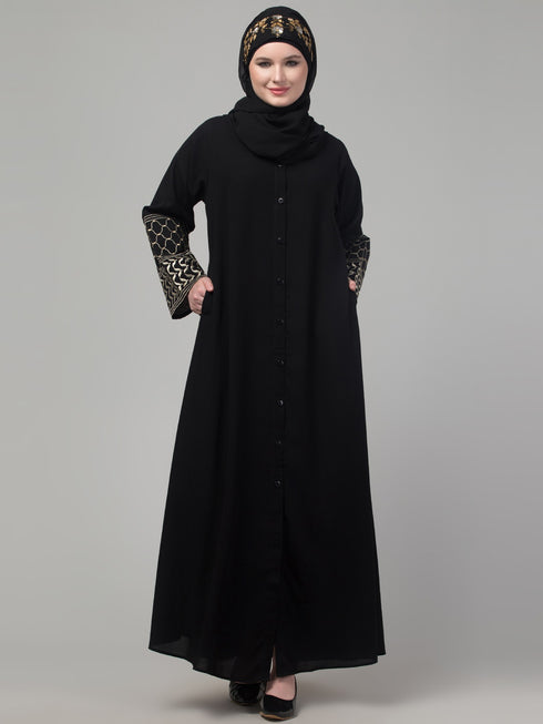 Black matt nida zari hand embroidery abaya with hijab