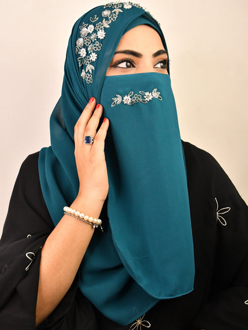Teal luxury bridal wedding wear hijab scarf with handwork naqab
