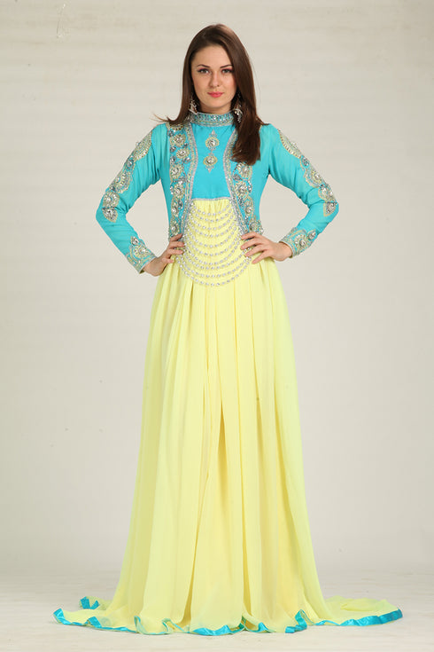 Designer yellow and blue embroidered kaftans