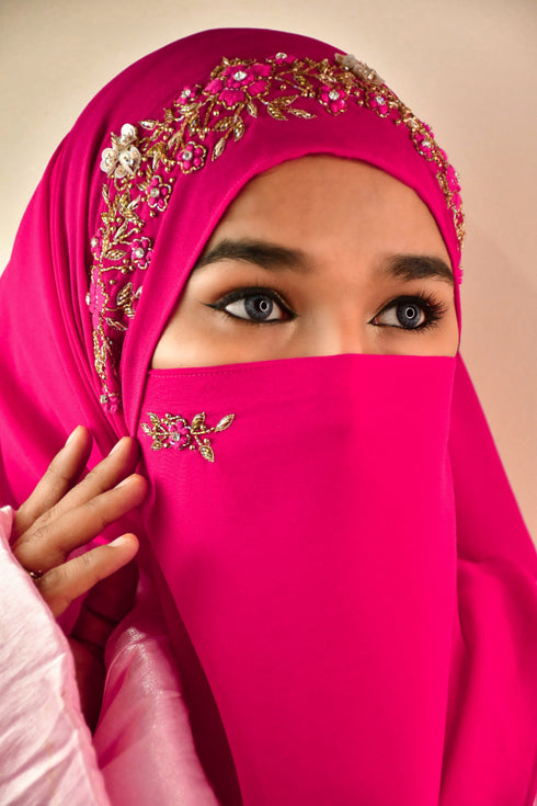 wrap my hijab rani pink embroidered georgette chiffon