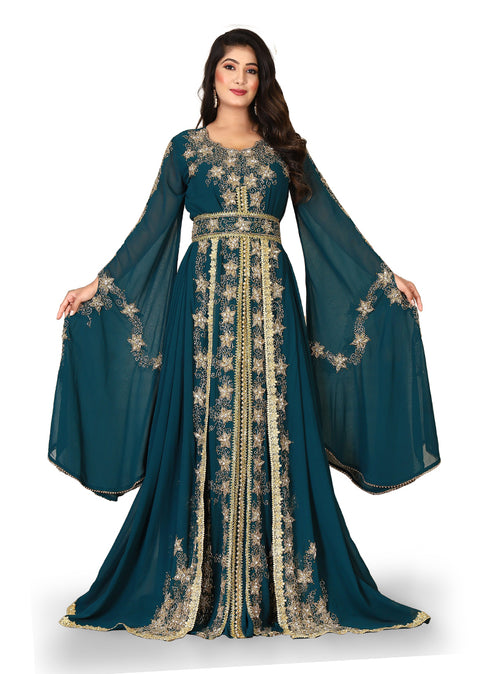 Bottle green islamic wedding designer arabic maxi hand beaded dubai ladies long sleeve moroccan arabic party wear kaftan