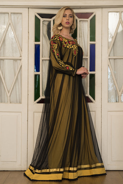 Gold yellow embroidery full sleeve formal maxi dress