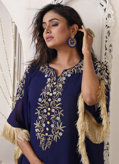 Dark blue color partywear embroidered kaftan