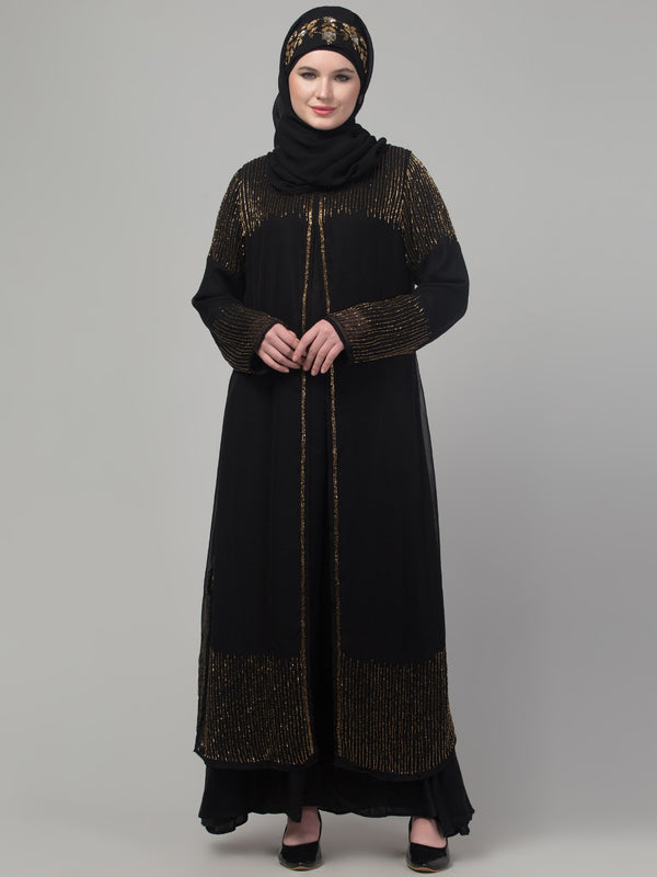 Black hand embroidered double layered abaya with hijab