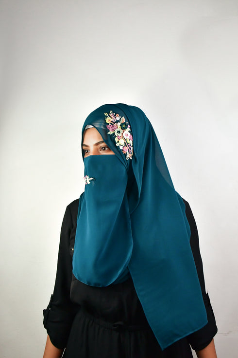 teal threadwork partywear| wedding| bridal handwork hijab with naqab