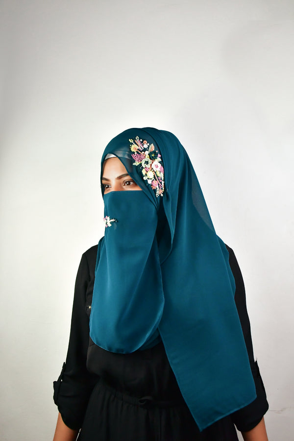 teal threadwork partywear| wedding| bridal handwork hijab with naqab
