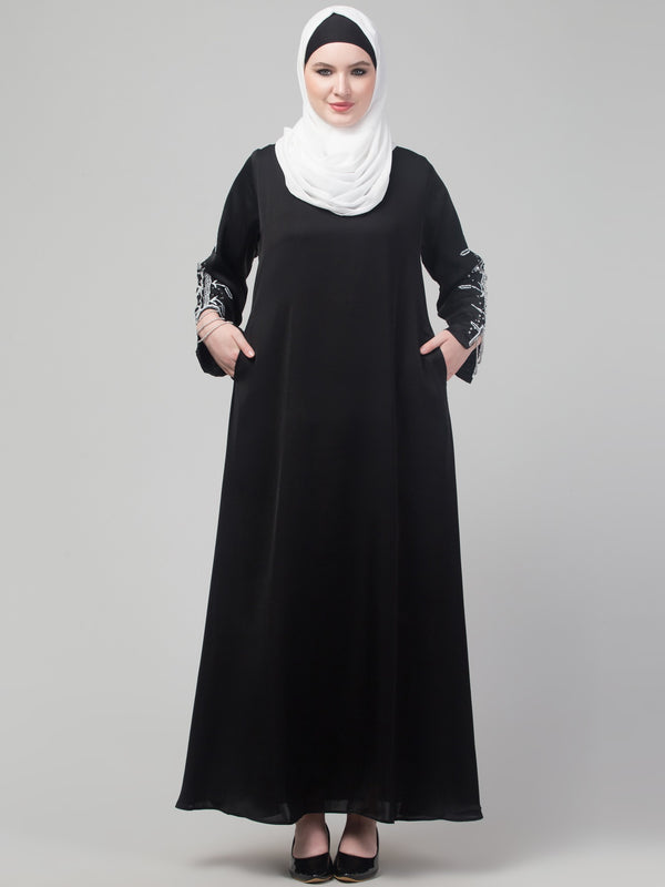 Black hand embroidered elastic at sleeves abaya with hijab