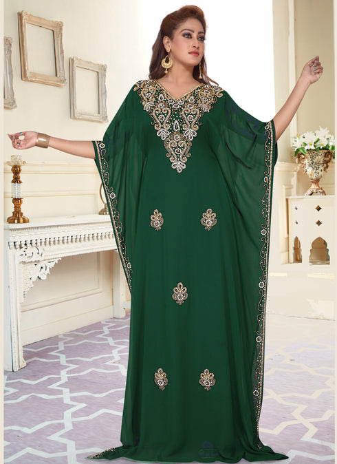 Green embroidered georgette islamic-kaftans With Sun-proof hijab.