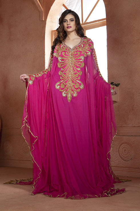 Pink Crepe Embroidered Moroccan Kaftan